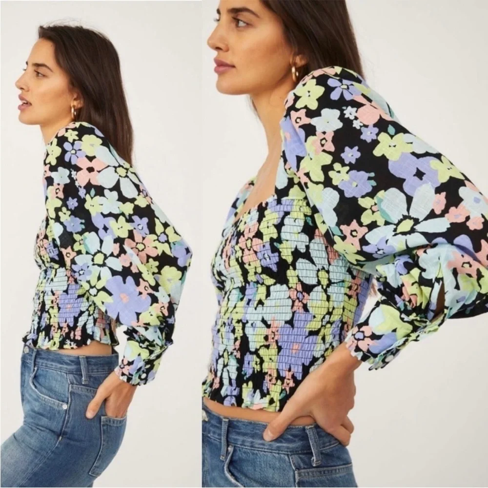 Free People Ariana Floral Retro Combo Balloon Sleeve Smocked Blouse Size Large